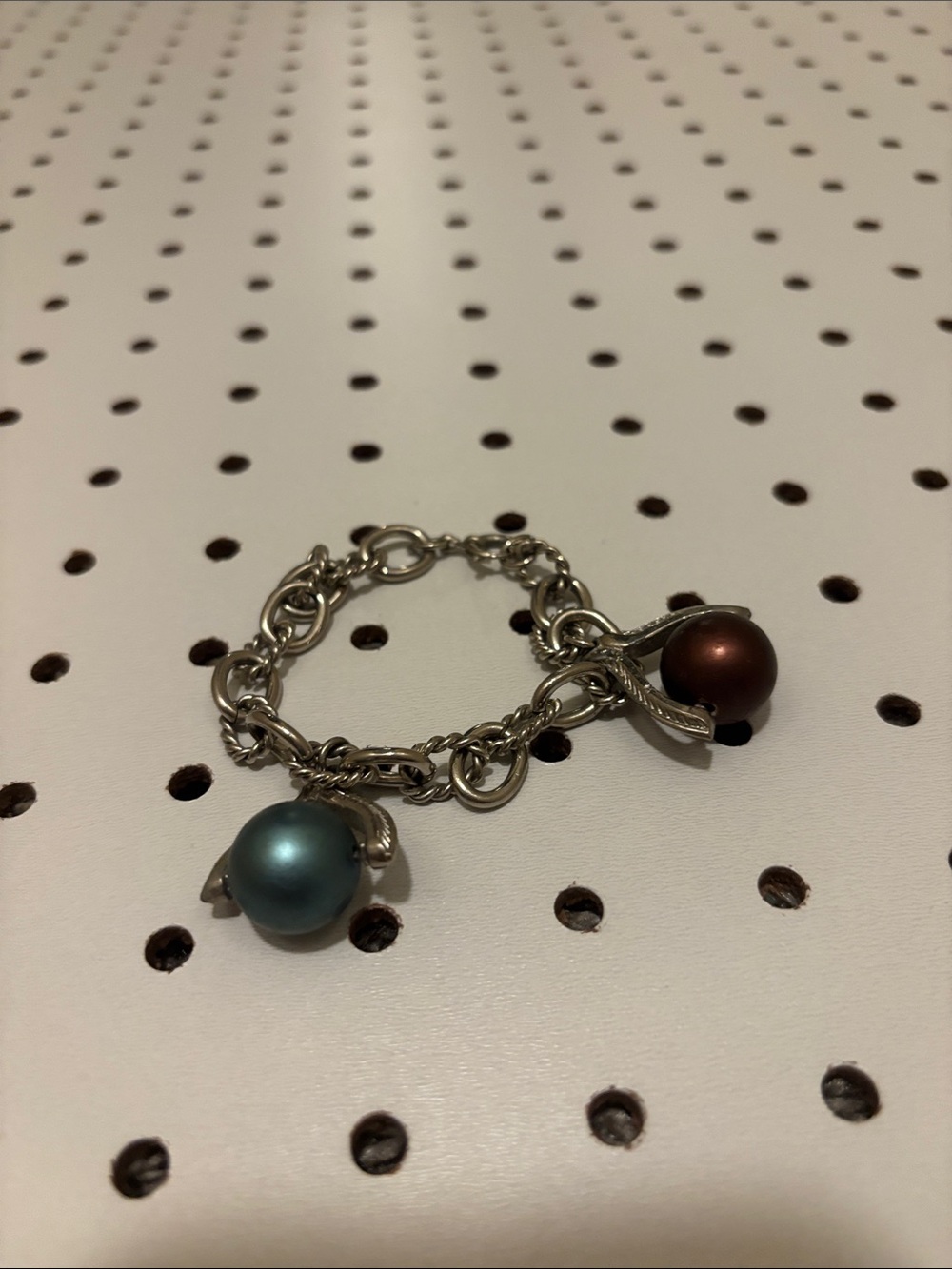 Silver-Tone Kids Charm Bracelet with Blue and Brown Pearlescent Beads